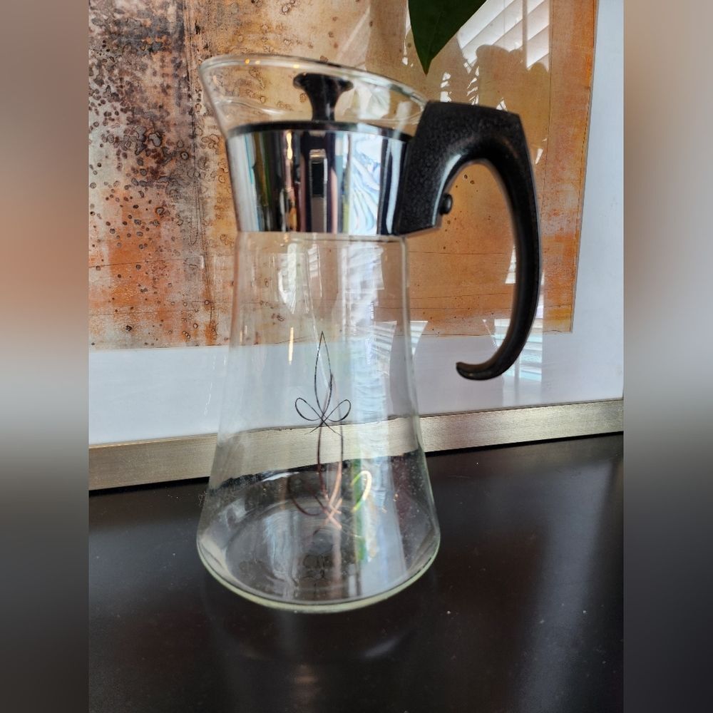 Pyrex MCM Black And Glass Coffee Carafe Pot With Gold